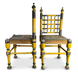 Pair of Polychromed Temple Chairs with Embroidered Seats