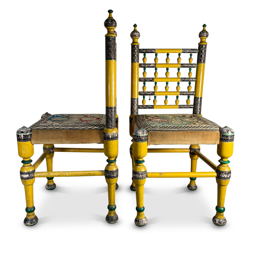 Pair of Polychromed Temple Chairs with Embroidered Seats