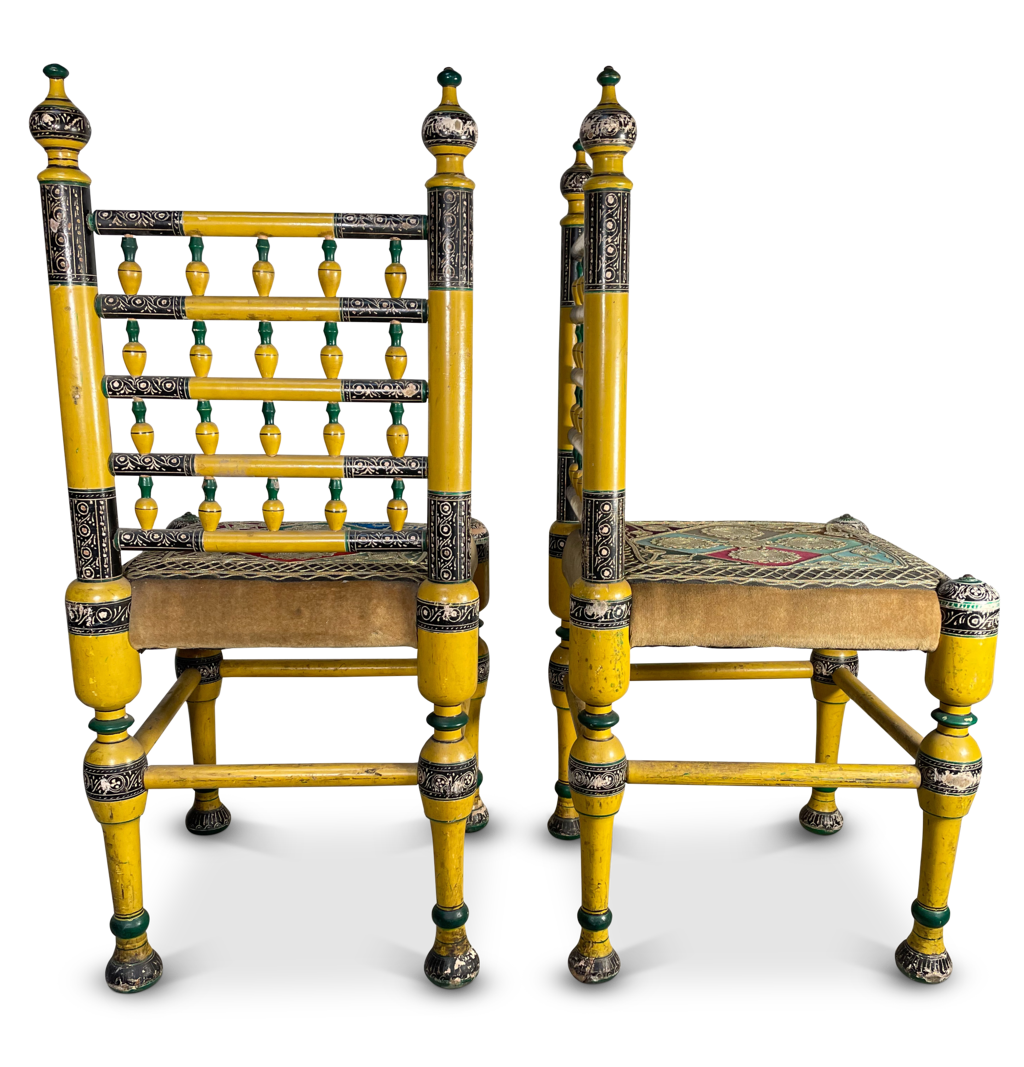 Pair of Polychromed Temple Chairs with Embroidered Seats