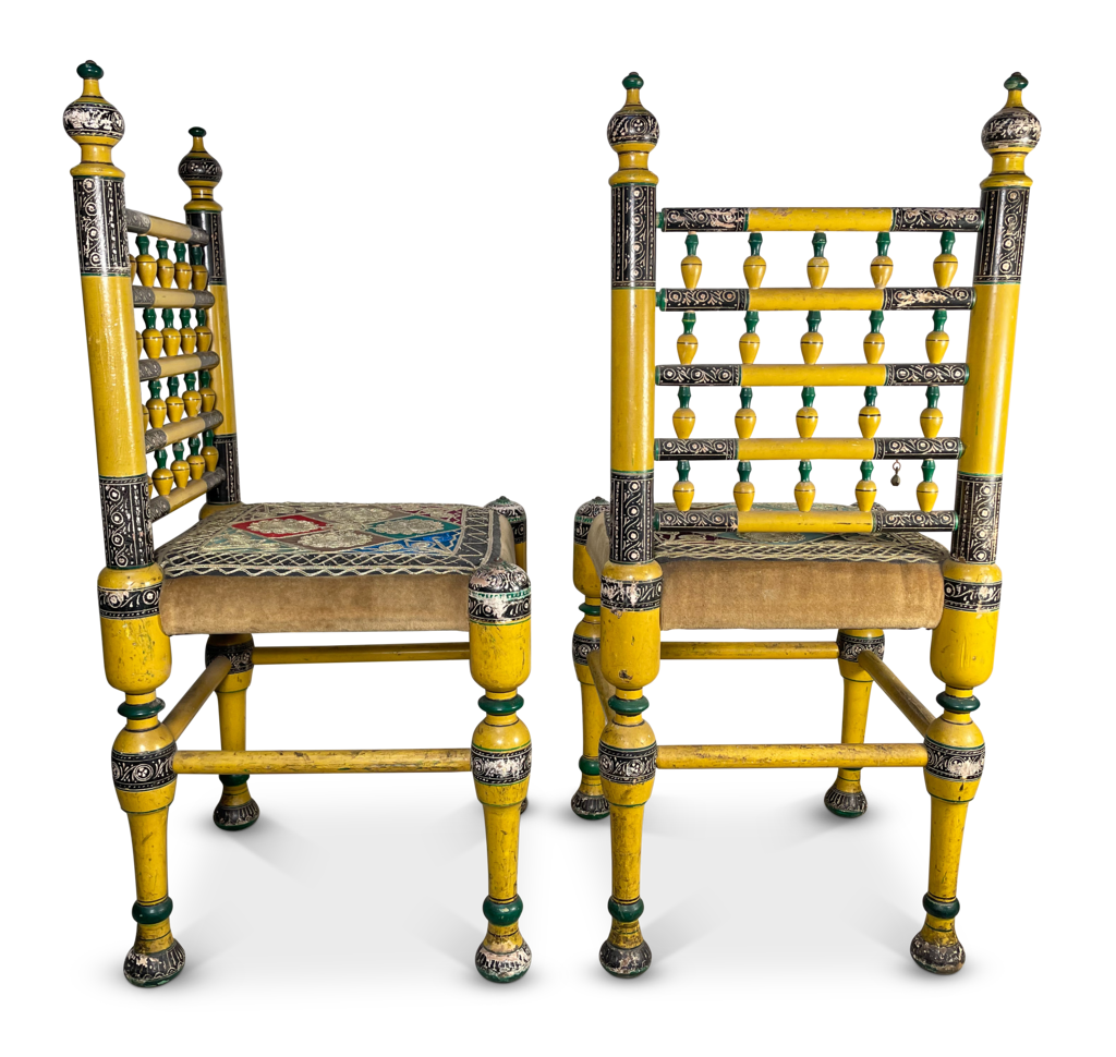 Pair of Polychromed Temple Chairs with Embroidered Seats