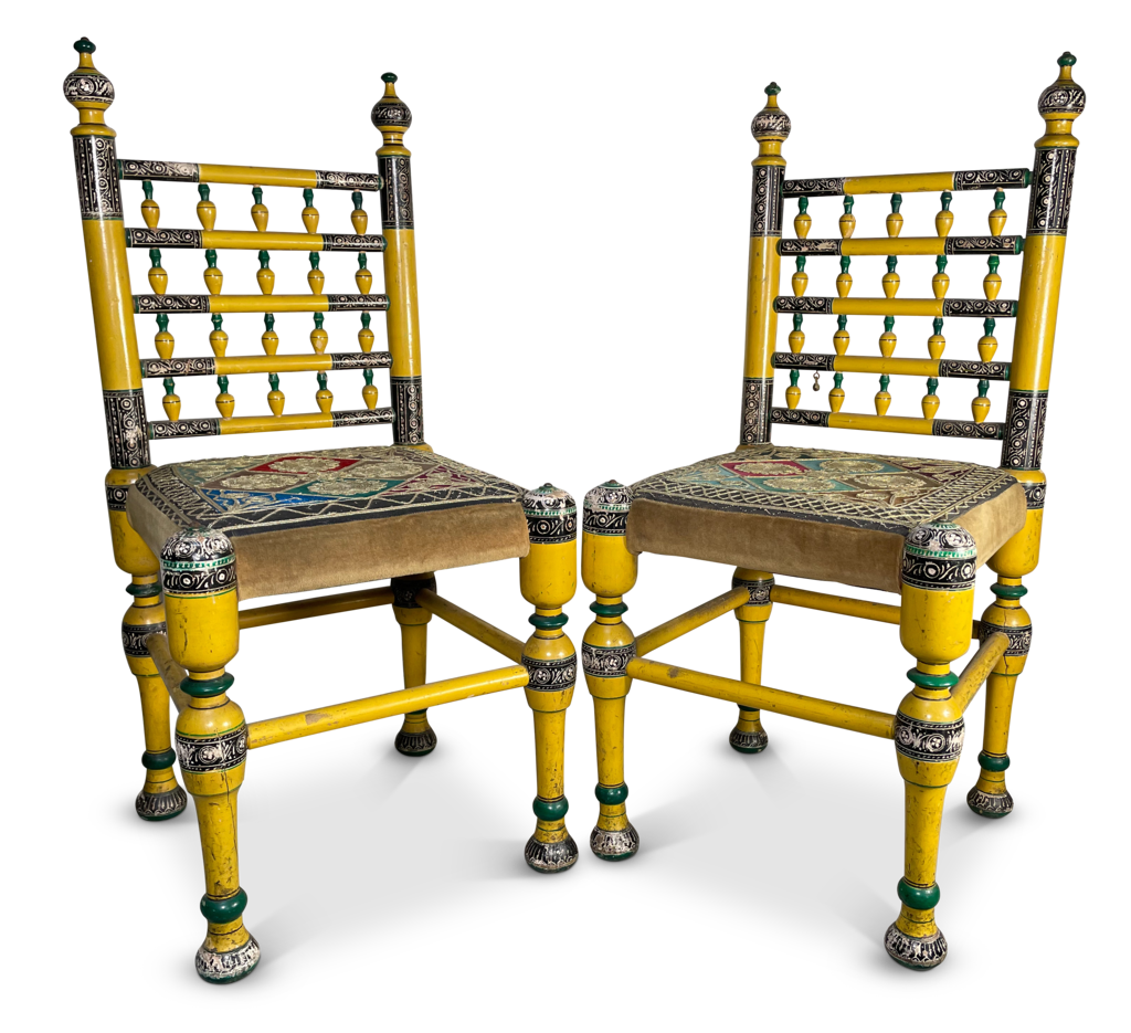 Pair of Polychromed Temple Chairs with Embroidered Seats