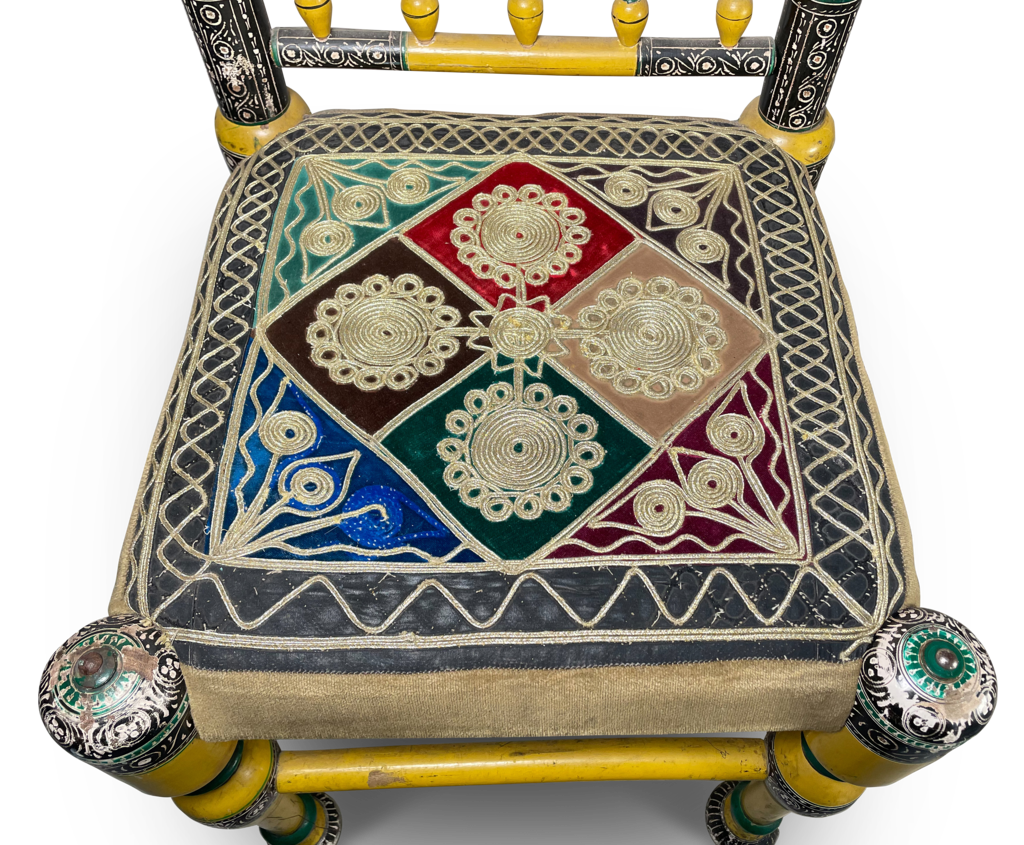 Pair of Polychromed Temple Chairs with Embroidered Seats