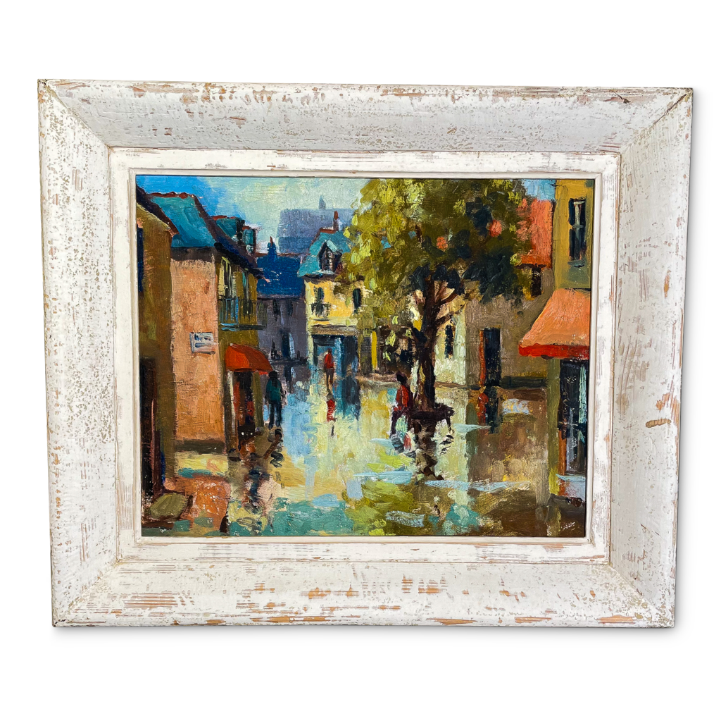 Oil on Board of a Rainy Street Scene