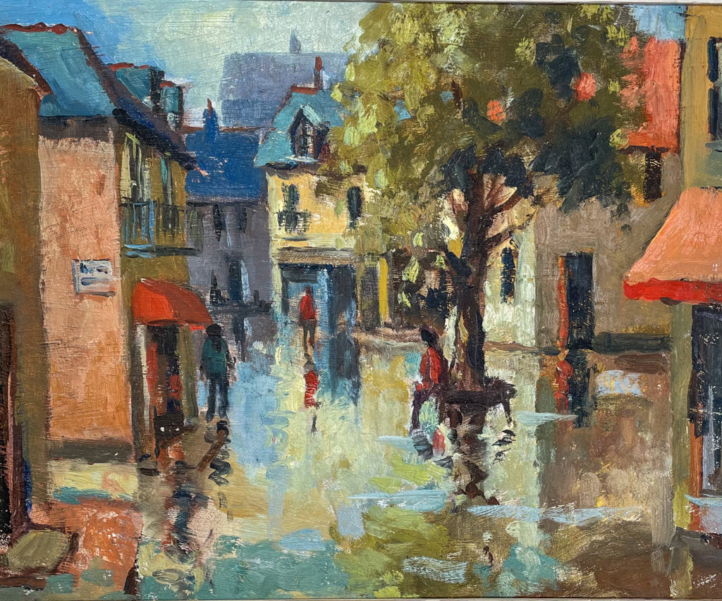 Oil on Board of a Rainy Street Scene