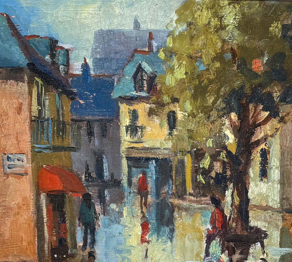Oil on Board of a Rainy Street Scene