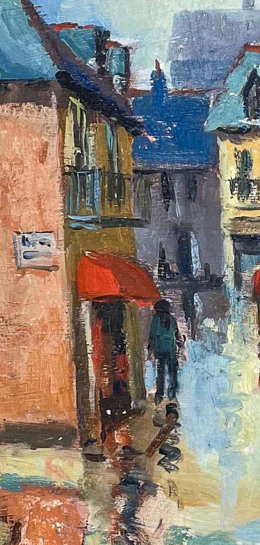 Oil on Board of a Rainy Street Scene