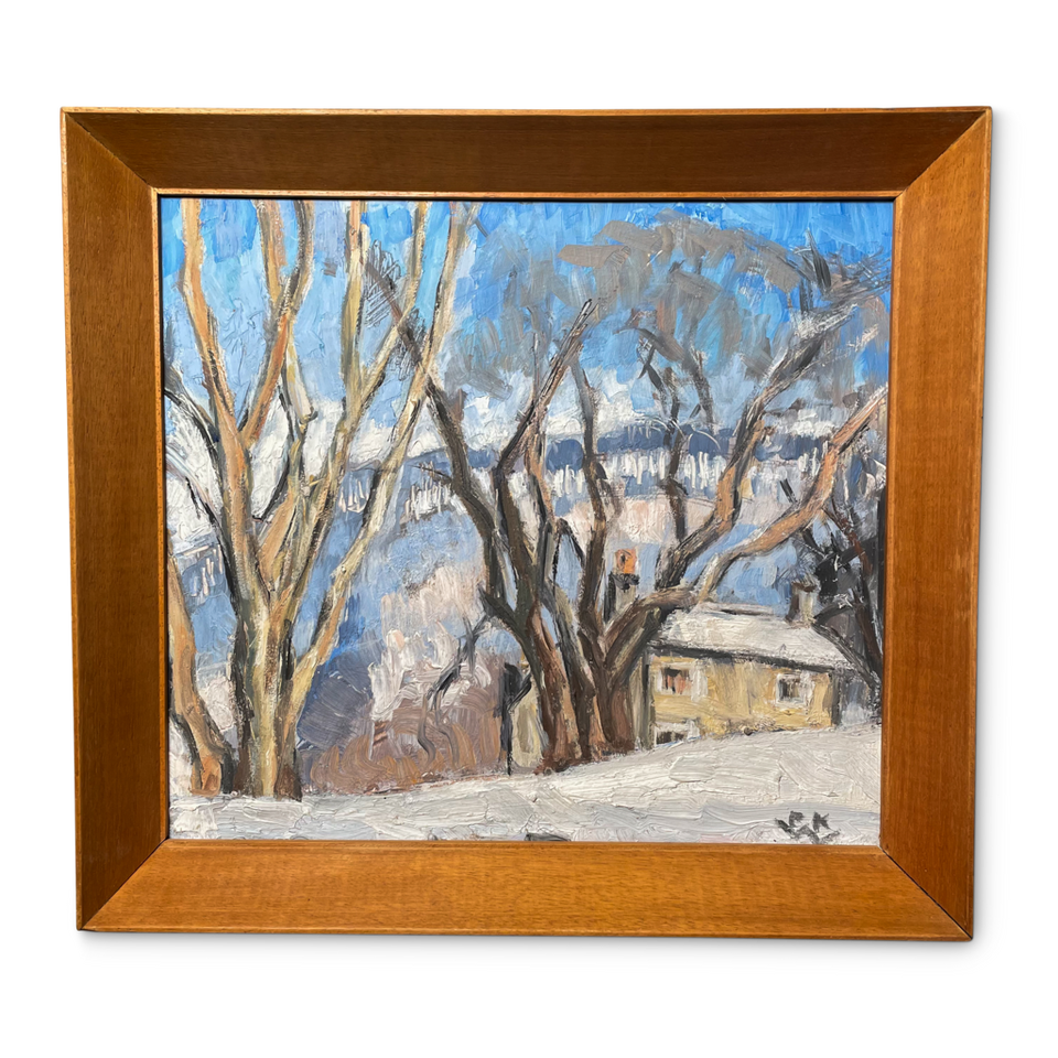 Oil on Board of a Derbyshire Cottage in Winter