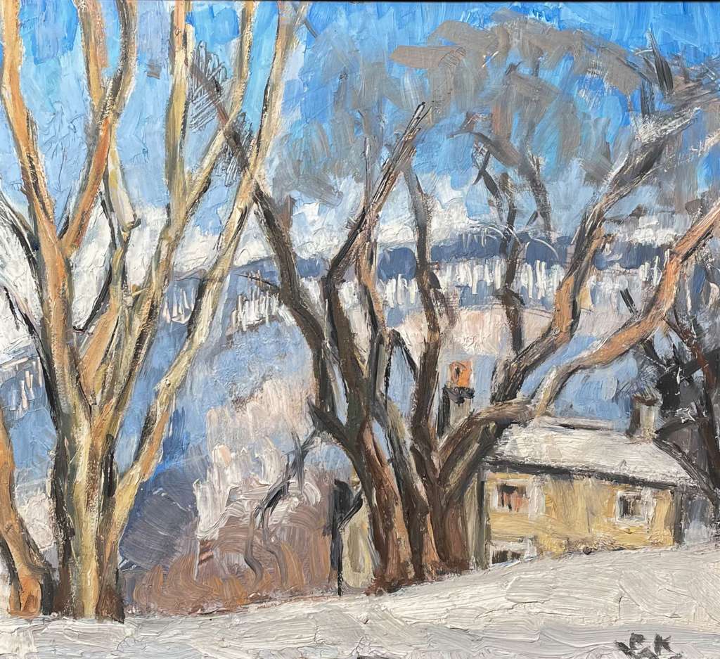 Oil on Board of a Derbyshire Cottage in Winter