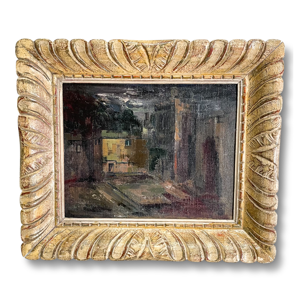 Oil on Canvas of Courtyard with Castle at Dusk