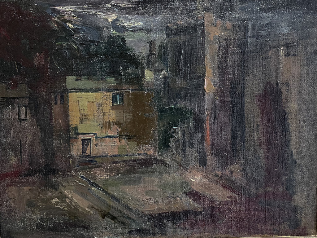 Oil on Canvas of Courtyard with Castle at Dusk