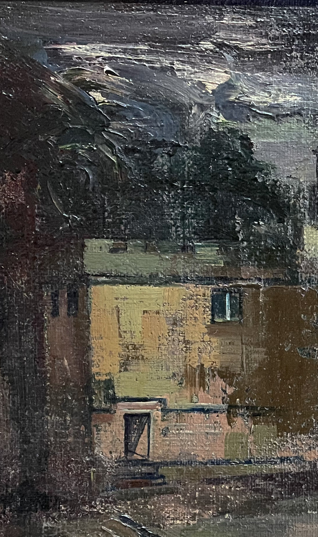 Oil on Canvas of Courtyard with Castle at Dusk
