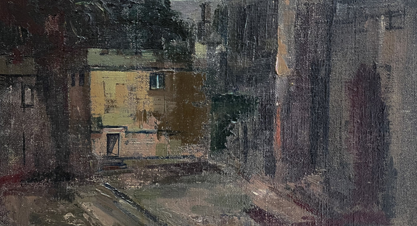 Oil on Canvas of Courtyard with Castle at Dusk