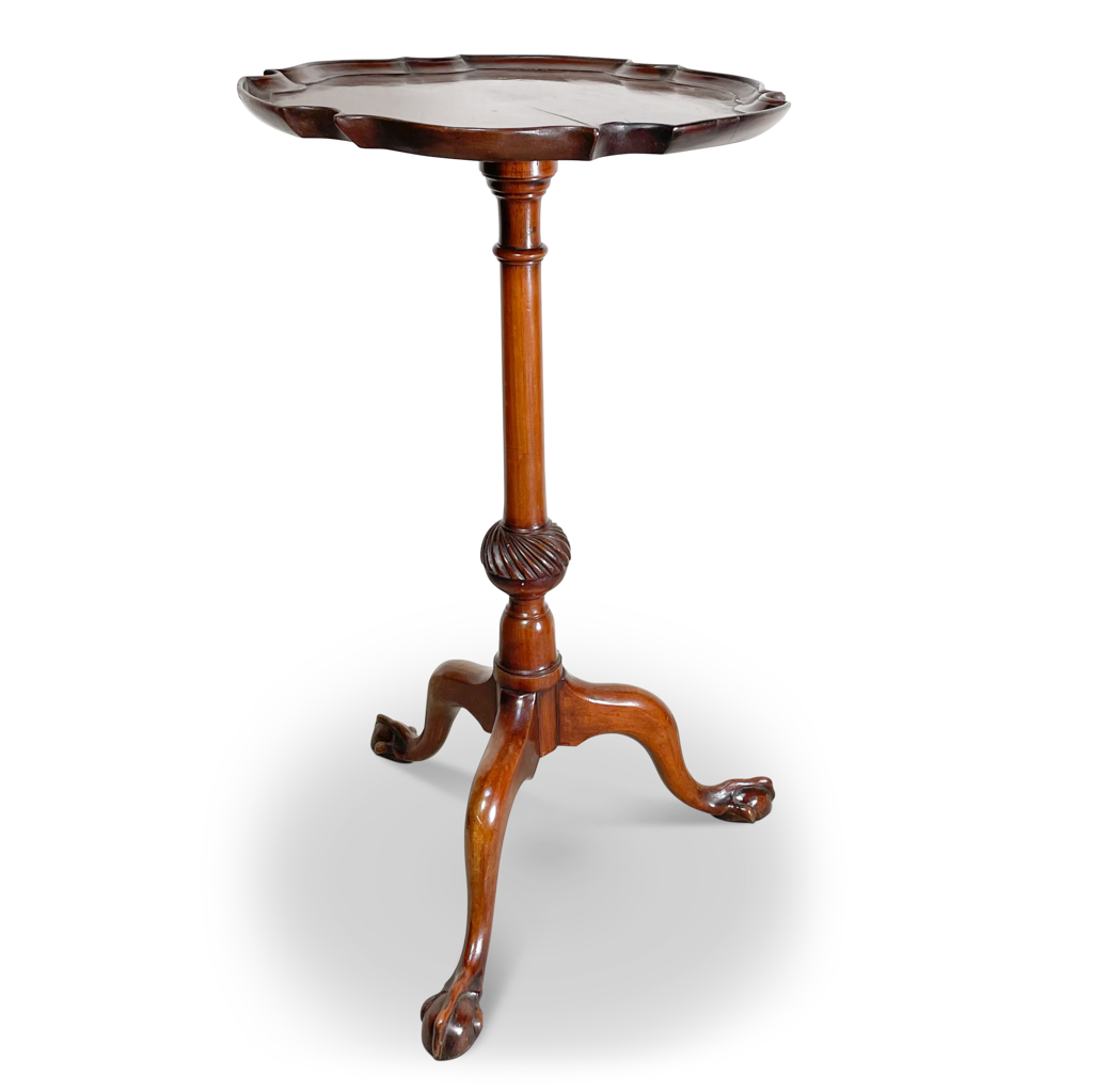 Mahogany Rounded Hexagonal Scallop Edged Tray Top Pedestal Tripod Table