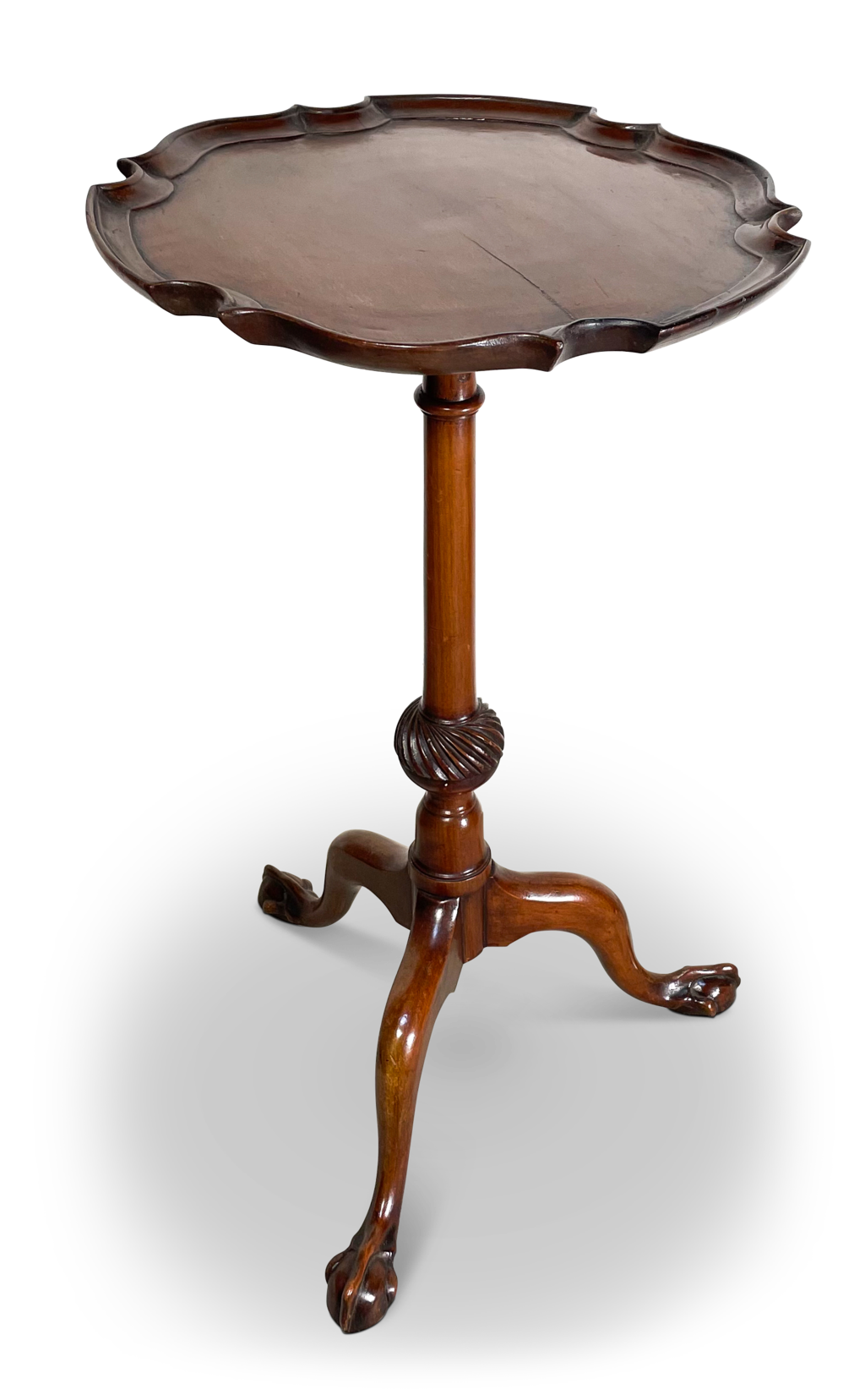 Mahogany Rounded Hexagonal Scallop Edged Tray Top Pedestal Tripod Table