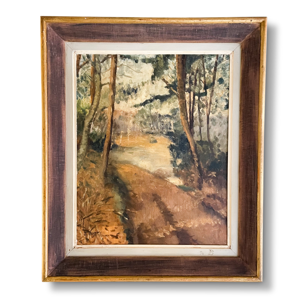 Oil on Canvas Landscape of a Country House Through a Wooded Track