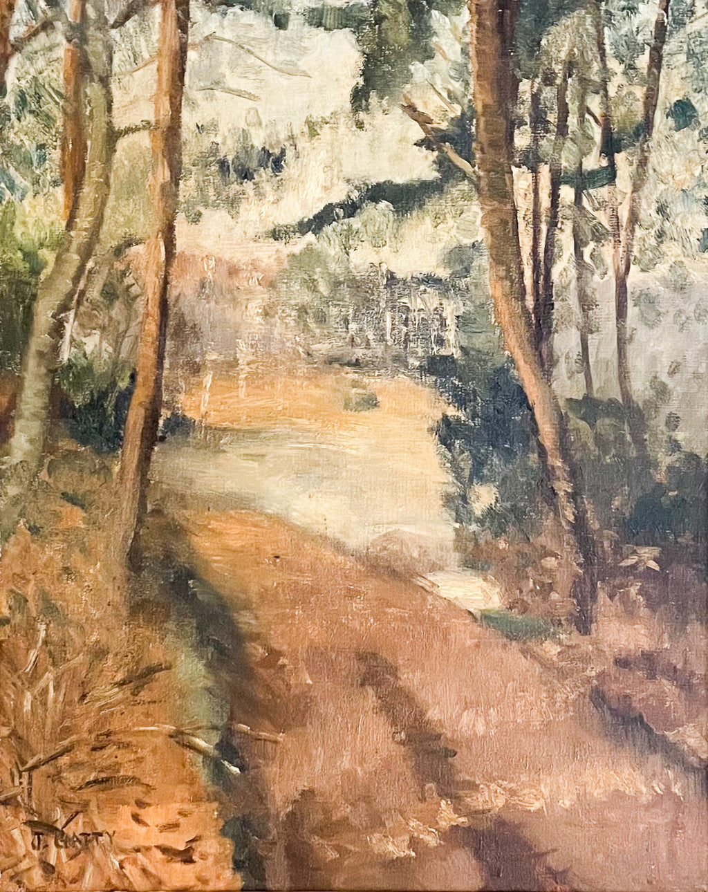 Oil on Canvas Landscape of a Country House Through a Wooded Track