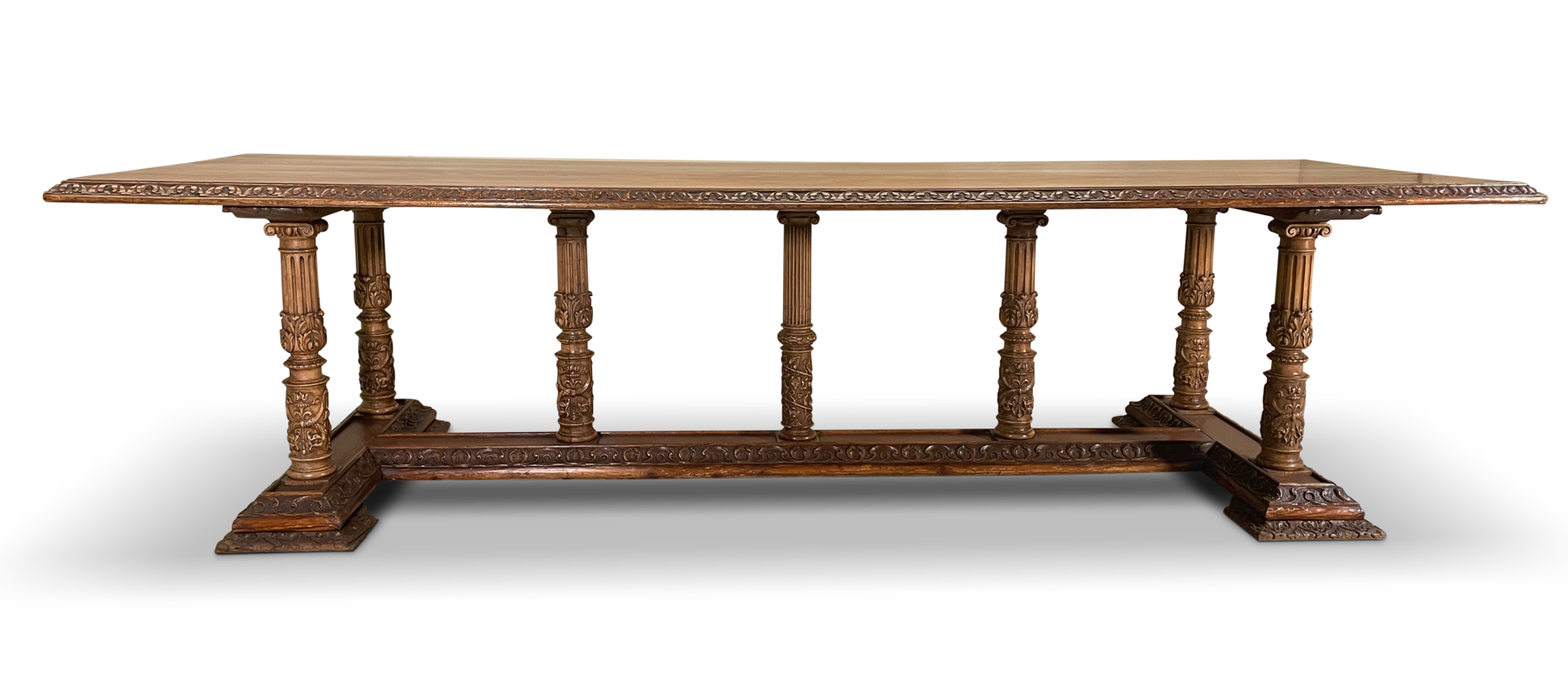 Refectory Dining Table Raised on Seven Carved Corinthian Column Legs