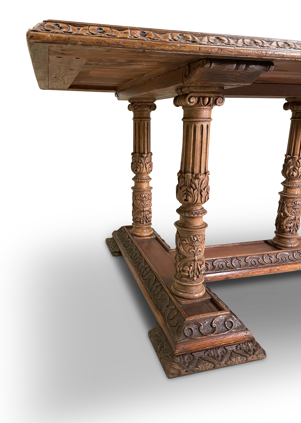 Refectory Dining Table Raised on Seven Carved Corinthian Column Legs