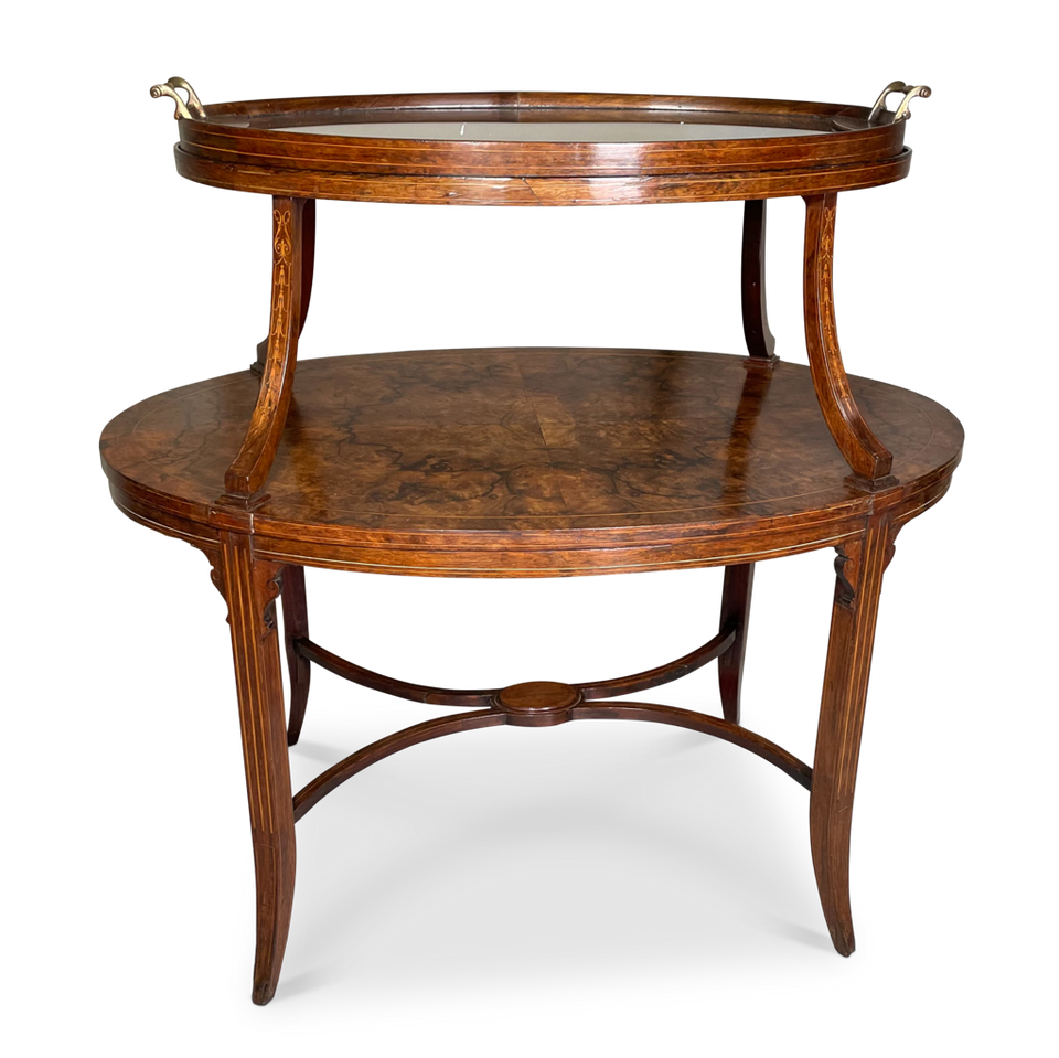Oval Inlaid Burr Walnut and Rosewood Two Tiered Low Table with Grass Tray