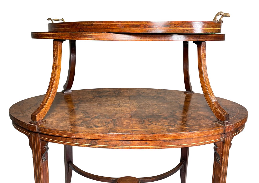 Oval Inlaid Burr Walnut and Rosewood Two Tiered Low Table with Grass Tray