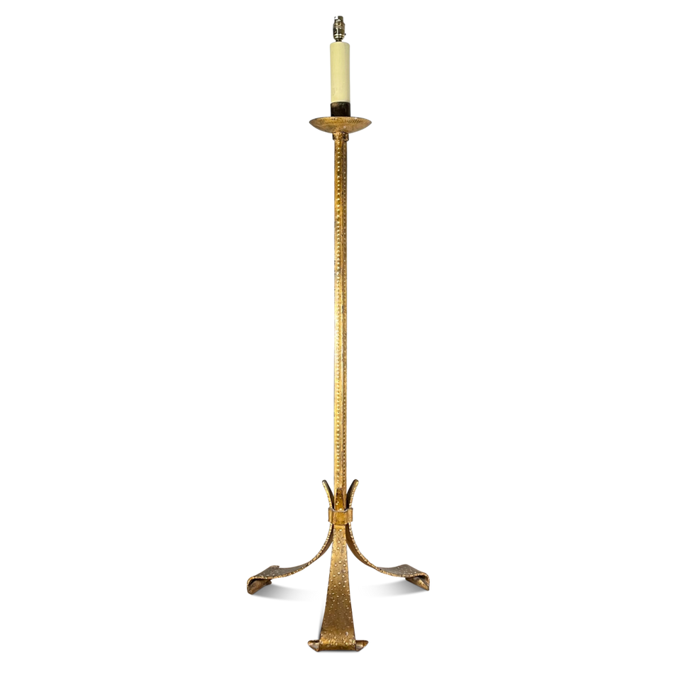 Gilt Metal Floor Lamp with Strapwork Tripod Base