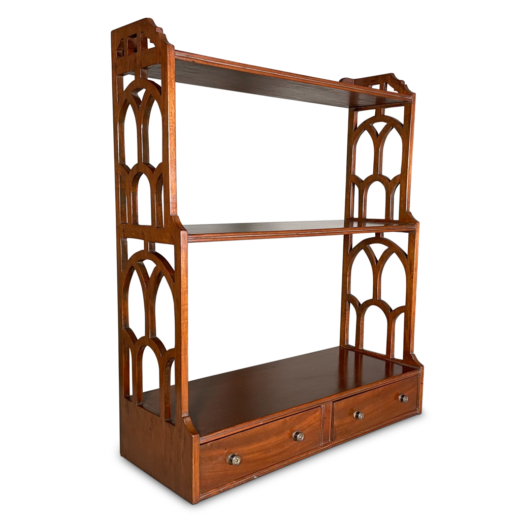 Three Tiered Mahogany Waterfall Shelf Unit with Two Drawers