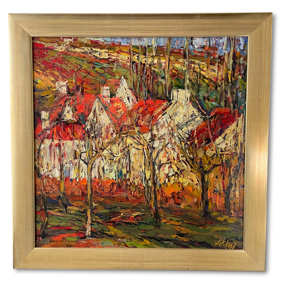 Oil on Canvas Contemporary Study of Houses with Trees signed Ale Kost