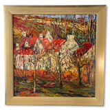 Oil on Canvas Contemporary Study of Houses with Trees signed Ale Kost