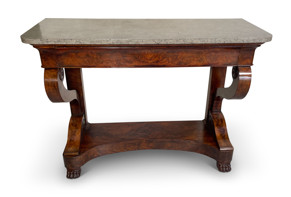 Early Napoleon III Walnut Console Table with Grey Marble Top