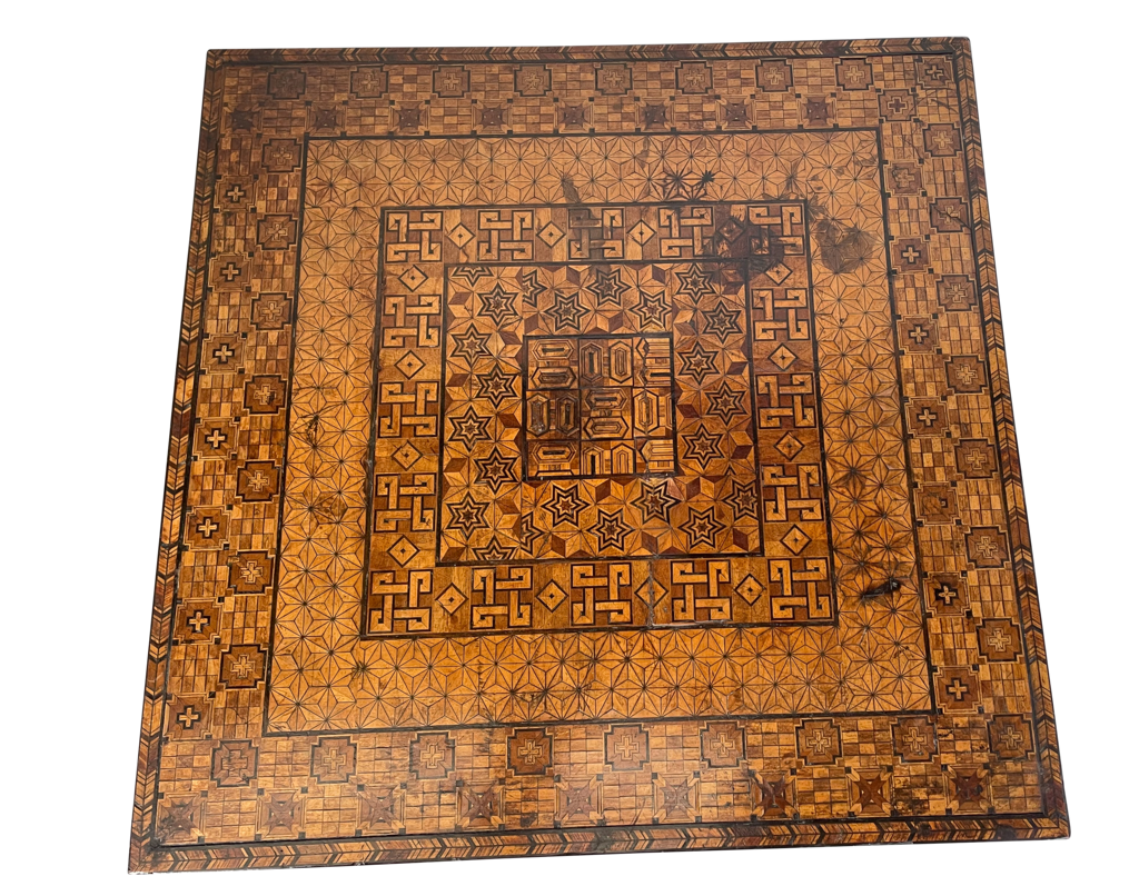Marquetry Square Top Occassional Table on a Square Cut Pedestal Base in the Moorish Style