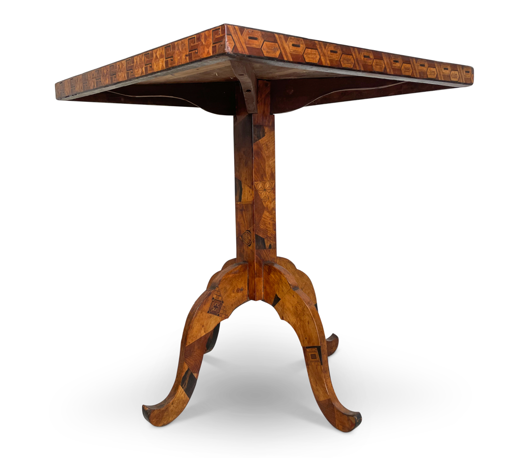 Marquetry Square Top Occassional Table on a Square Cut Pedestal Base in the Moorish Style