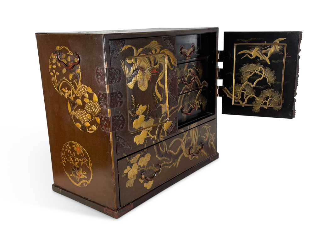 Chinese Export Lacquered Chinoiserie Table Top Cabinet comprising Six Internal Drawers