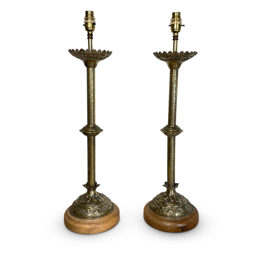 Pair of Embossed Brass Candlestick Table Lamps in the Aesthetic Movement Style