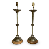 Pair of Embossed Brass Candlestick Table Lamps in the Aesthetic Movement Style
