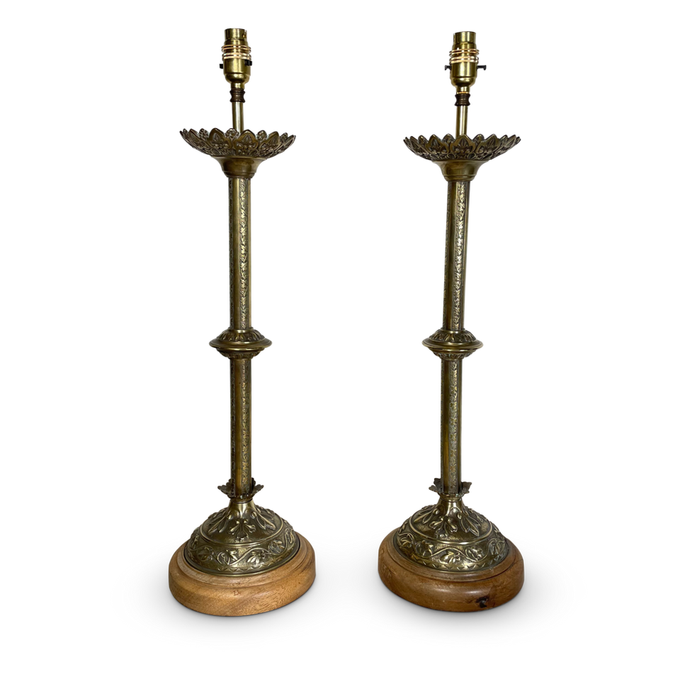 Pair of Embossed Brass Candlestick Table Lamps in the Aesthetic Movement Style