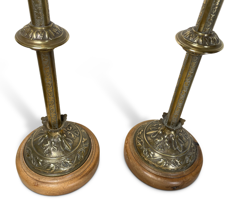 Pair of Embossed Brass Candlestick Table Lamps in the Aesthetic Movement Style