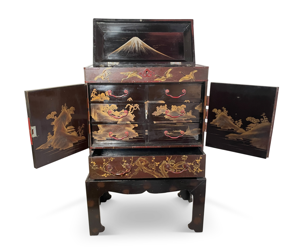 Chinese Export Lacquered Chinoiserie Table Top Cabinet on Stand